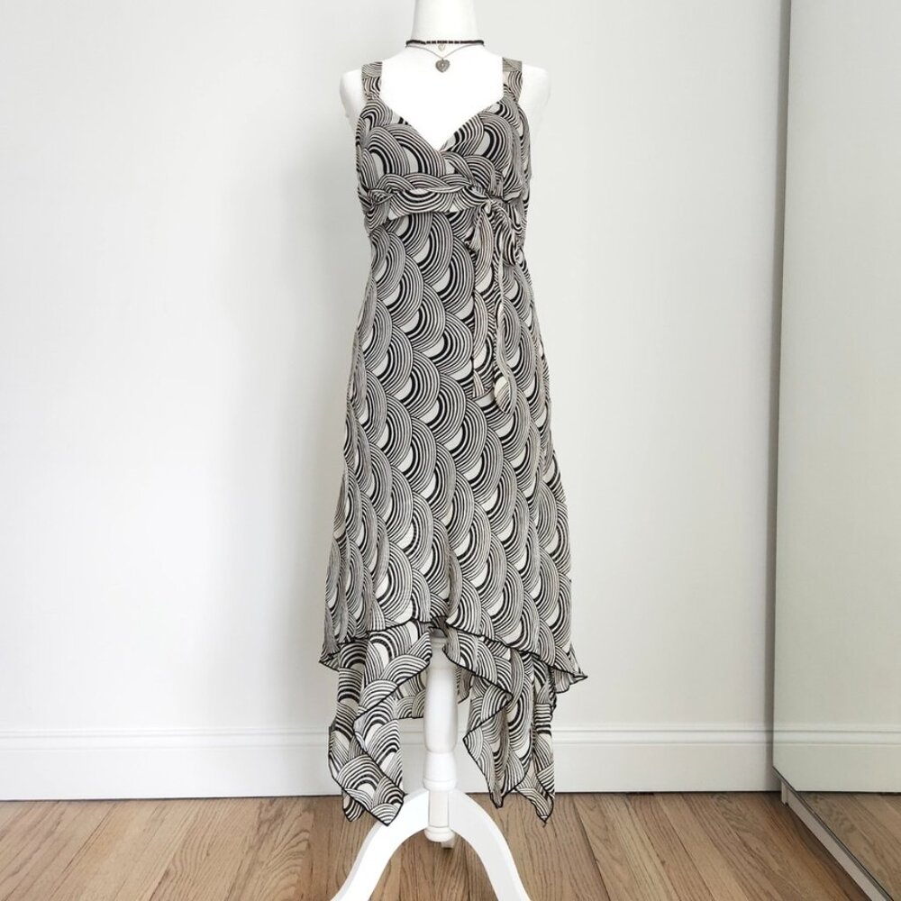 Y2K Swirl Ruffle Midi Dress Size 4 Cream Black Asymmetrical Babydoll Artsy Boho